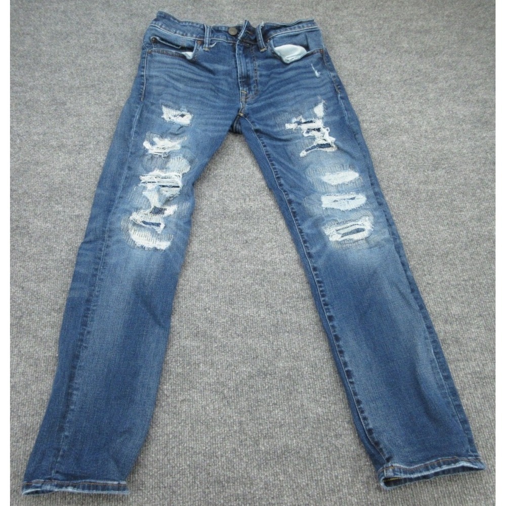 American Eagle Mens Jeans Slim Straight Blue Distressed Ripped 29x30